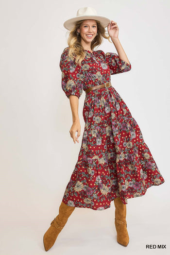 Umgee Floral Print Midi Dress in Red Mix