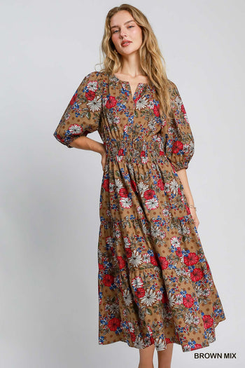 Umgee Floral Print Midi Dress in Brown Mix