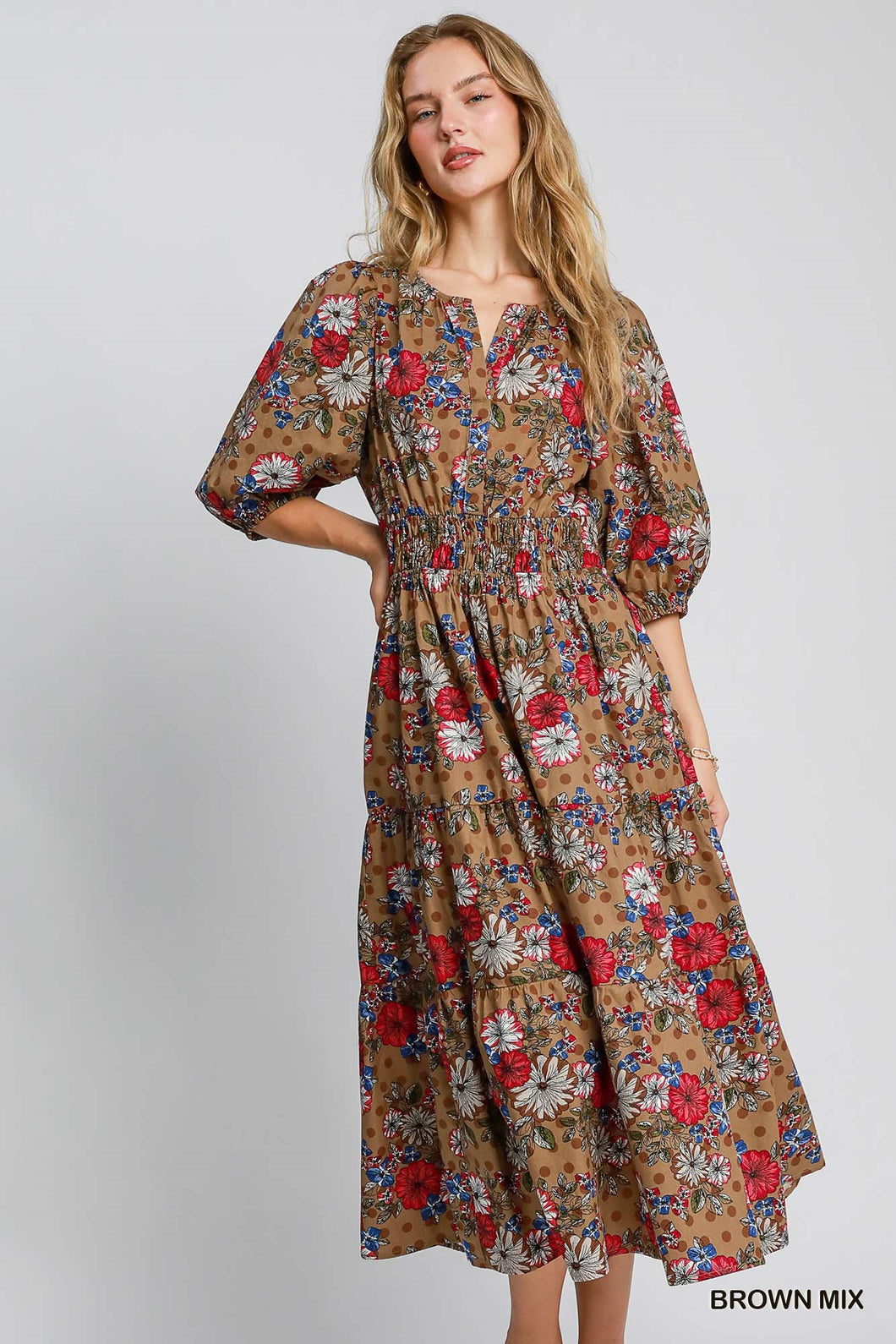 Umgee Floral Print Midi Dress in Brown Mix