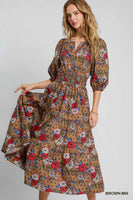 Umgee Floral Print Midi Dress in Brown Mix
