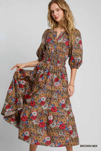 Umgee Floral Print Midi Dress in Brown Mix