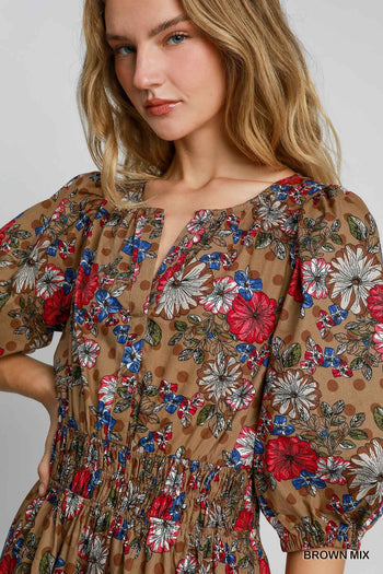 Umgee Floral Print Midi Dress in Brown Mix
