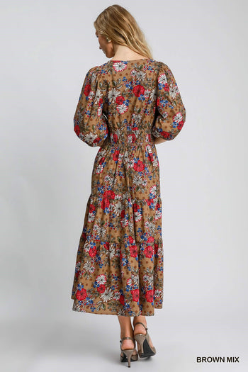 Umgee Floral Print Midi Dress in Brown Mix
