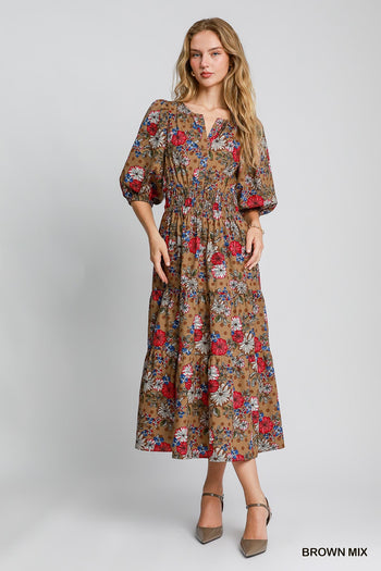 Umgee Floral Print Midi Dress in Brown Mix