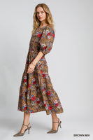 Umgee Floral Print Midi Dress in Brown Mix