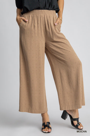 Umgee High Waisted Embellished Linen Pants in Mocha
