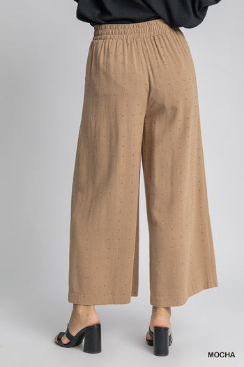Umgee High Waisted Embellished Linen Pants in Mocha