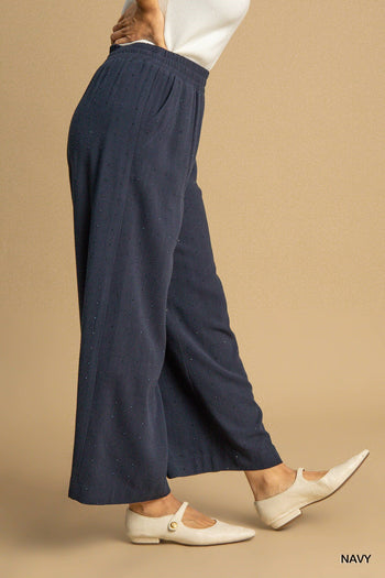 Umgee High Waisted Embellished Linen Pants in Navy