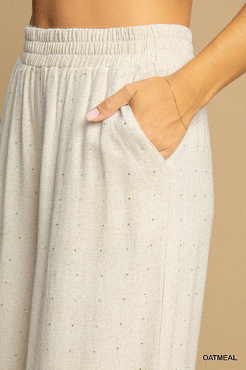 Umgee High Waisted Embellished Linen Pants in Oatmeal