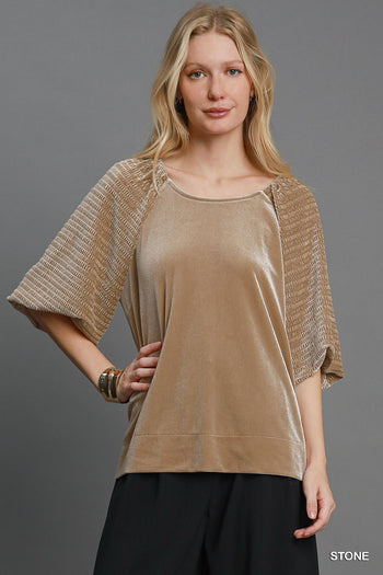 Umgee Textured Velvet Sleeved Top in Stone