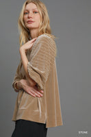 Umgee Textured Velvet Sleeved Top in Stone
