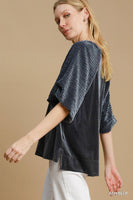 Umgee Textured Velvet Sleeved Top in Ash Blue