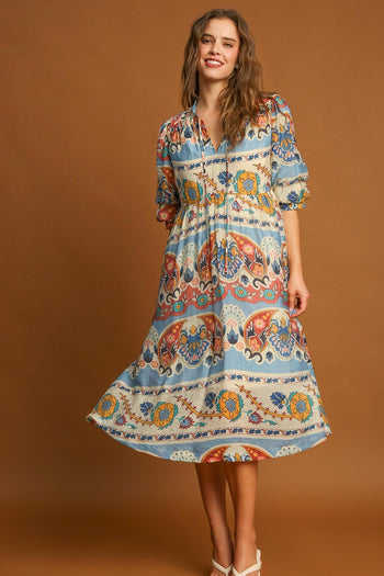 Umgee Border Print Midi Dress in Blue Mix