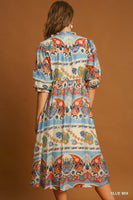 Umgee Border Print Midi Dress in Blue Mix