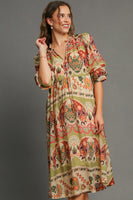 Umgee Border Print Midi Dress in Green Mix
