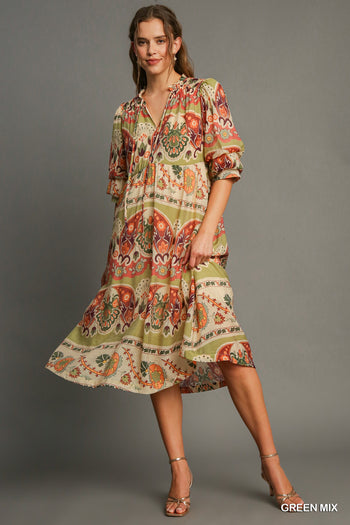 Umgee Border Print Midi Dress in Green Mix