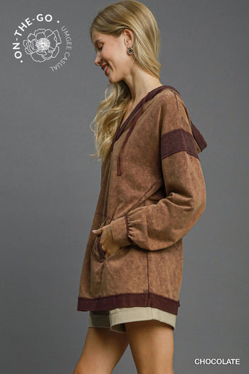 Umgee Hooded French Terry Tunic Top in Chocolate