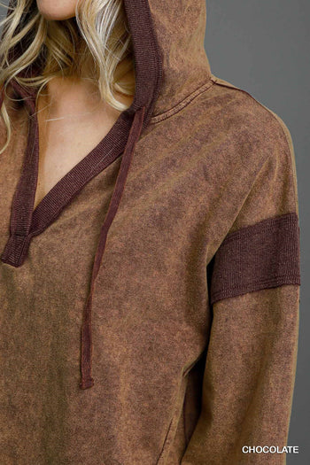 Umgee Hooded French Terry Tunic Top in Chocolate