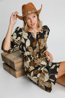 Umgee Fall Floral Printed Dress in Camel Mix