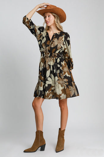 Umgee Fall Floral Printed Dress in Camel Mix