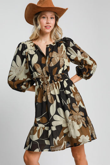 Umgee Fall Floral Printed Dress in Camel Mix