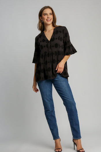 Umgee Polka Dot Baby Doll Top in Black
