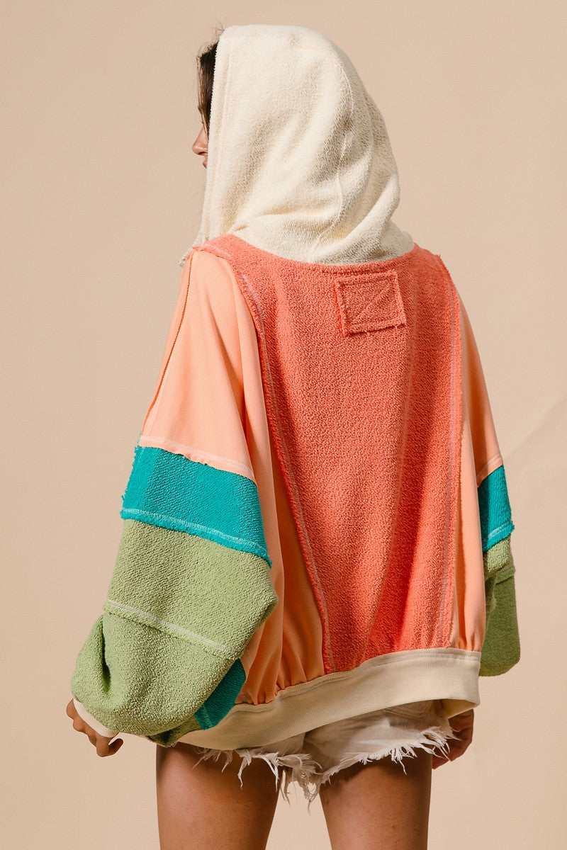 BiBi OVERSIZED Colorblock Knit & Terry Knit Jacket in Coral/Peach