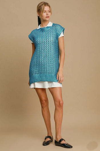 Umgee Metallic Foil Sweater Tunic Dress in Sky
