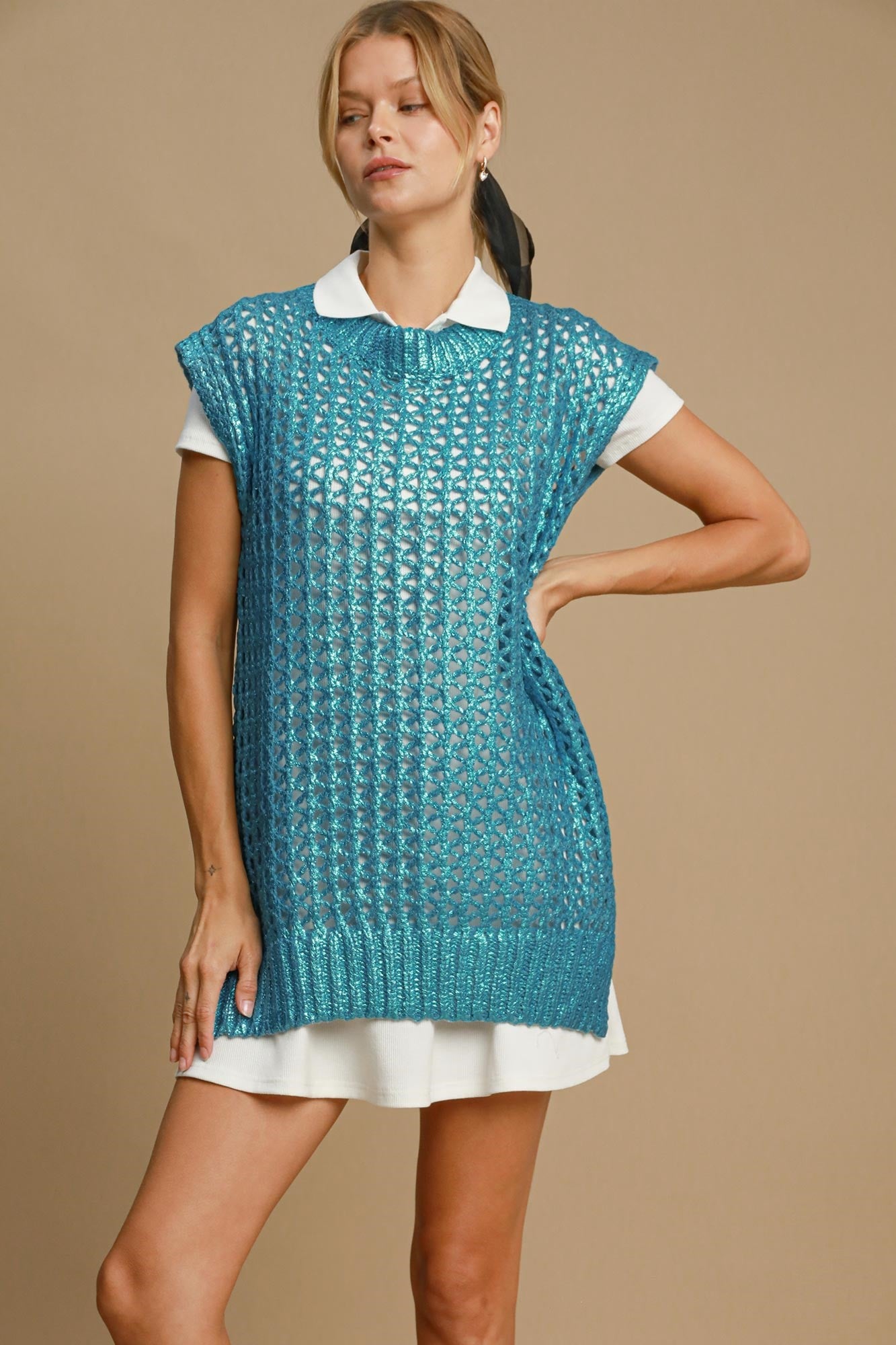 Umgee Metallic Foil Sweater Tunic Dress in Sky L Umgee Metallic Foil Sweater Tunic Dress in Sky L