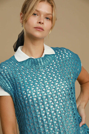 Umgee Metallic Foil Sweater Tunic Dress in Sky
