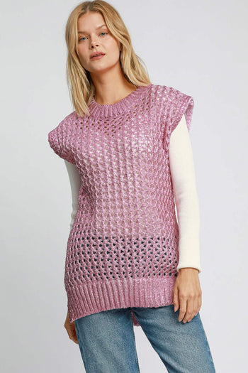 Umgee Metallic Foil Sweater Tunic Dress in Pink