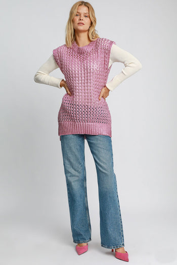 Umgee Metallic Foil Sweater Tunic Dress in Pink