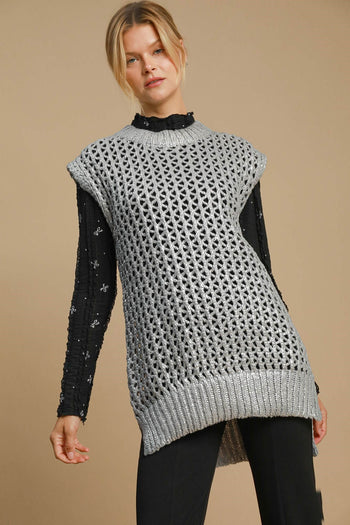 Umgee Metallic Foil Sweater Tunic Dress in Silver