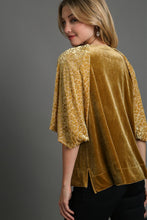Load image into Gallery viewer, Umgee Solid Velvet Top with Animal Print Burnout Sleeves in Gold
