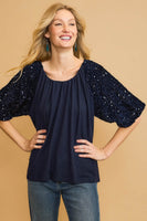 Umgee Sparkly Knit Top with Velvet Sequin Sleeves in Navy