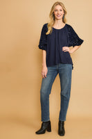 Umgee Sparkly Knit Top with Velvet Sequin Sleeves in Navy