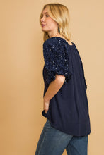 Load image into Gallery viewer, Umgee Sparkly Knit Top with Velvet Sequin Sleeves in Navy
