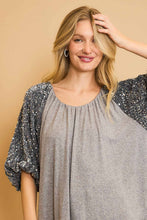 Load image into Gallery viewer, Umgee Sparkly Knit Top with Velvet Sequin Sleeves in Grey
