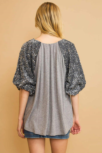 Umgee Sparkly Knit Top with Velvet Sequin Sleeves in Grey