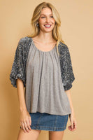 Umgee Sparkly Knit Top with Velvet Sequin Sleeves in Grey