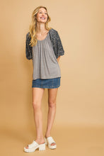 Load image into Gallery viewer, Umgee Sparkly Knit Top with Velvet Sequin Sleeves in Grey

