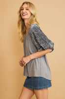 Umgee Sparkly Knit Top with Velvet Sequin Sleeves in Grey