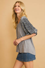 Load image into Gallery viewer, Umgee Sparkly Knit Top with Velvet Sequin Sleeves in Grey
