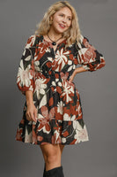 Umgee Fall Floral Printed Dress in Rust Mix