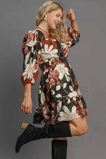 Umgee Fall Floral Printed Dress in Rust Mix