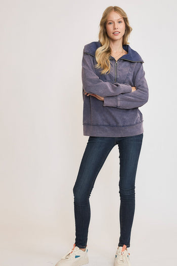 Umgee Mineral Washed Half Zip Up Top in Navy