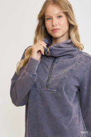 Umgee Mineral Washed Half Zip Up Top in Navy