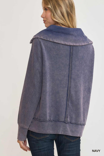 Umgee Mineral Washed Half Zip Up Top in Navy