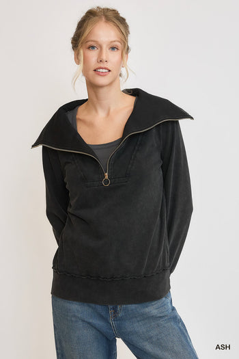 Umgee Mineral Washed Half Zip Up Top in Ash