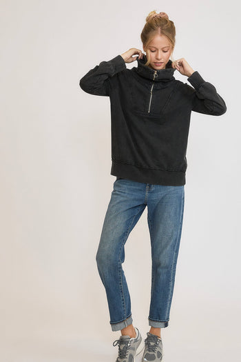 Umgee Mineral Washed Half Zip Up Top in Ash